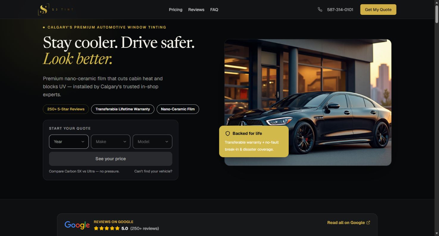 S3 Tint homepage with a prominent vehicle-based quote entry point