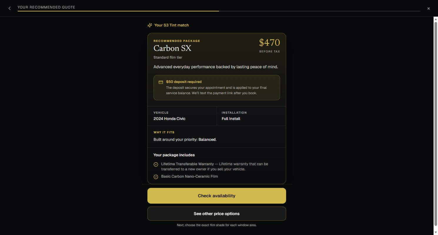 S3 Tint recommended package with a visible price and next step to check availability