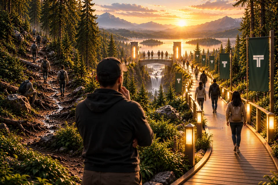 People take either a rocky trail or a clear illuminated path toward the same destination.