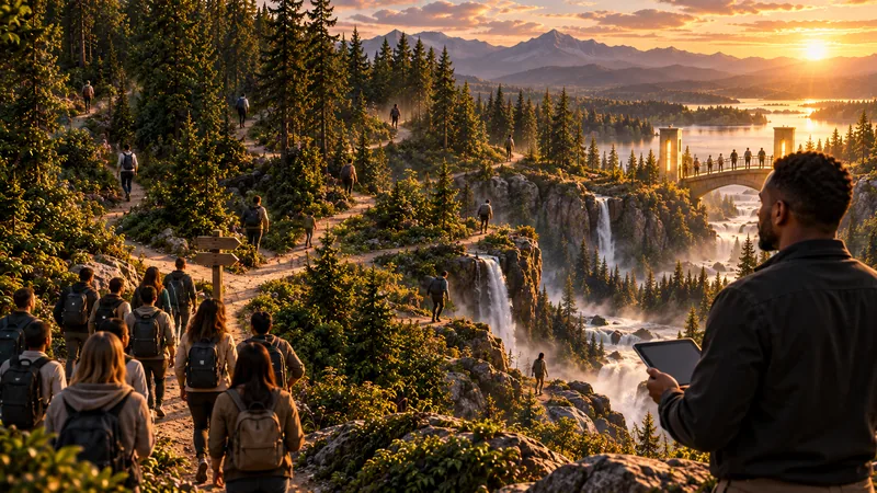 People follow winding trails along a canyon toward a bridge across the gap.